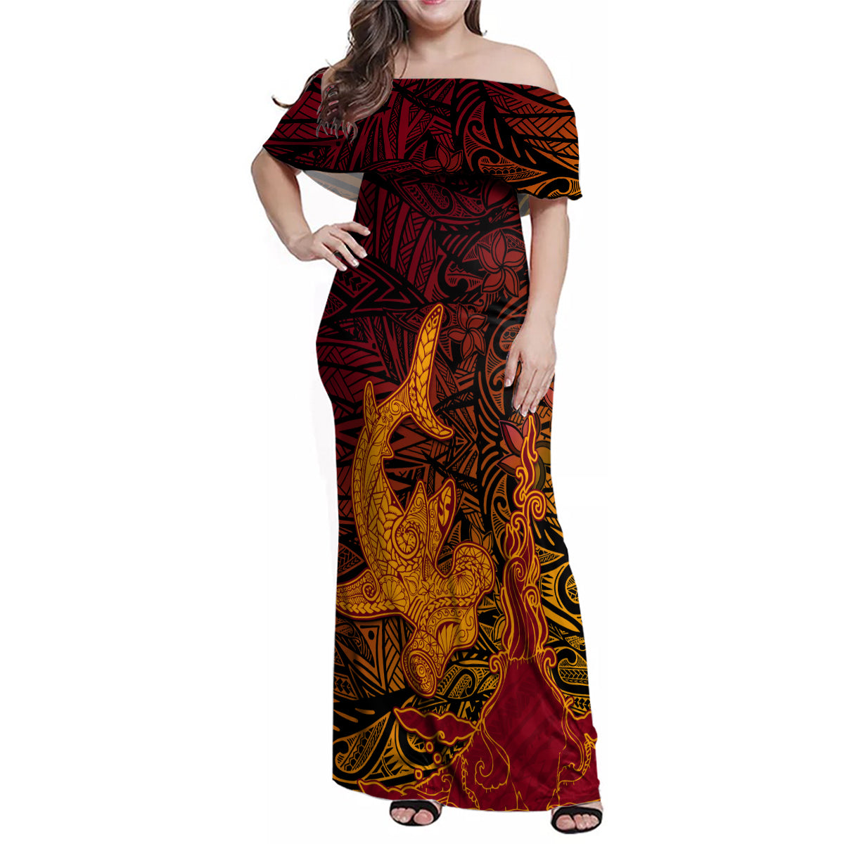 Hawaiian Volcano and Shark Family Matching Off Shoulder Maxi Dress and Hawaiian Shirt Polynesian and Hibiscus Pattern Lava Color LT03 Mom's Dress Red - Polynesian Pride