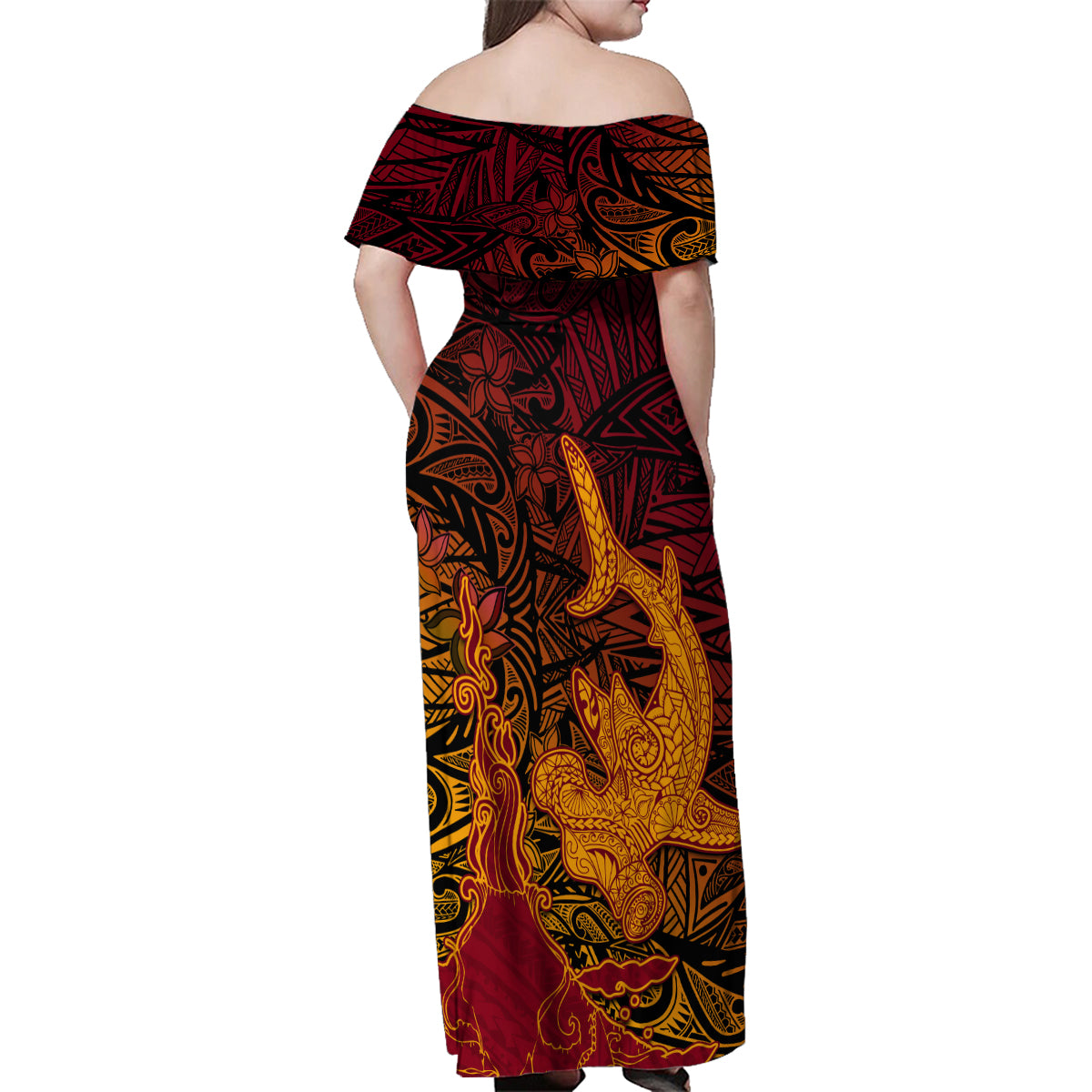 Hawaiian Volcano and Shark Family Matching Off Shoulder Maxi Dress and Hawaiian Shirt Polynesian and Hibiscus Pattern Lava Color LT03 - Polynesian Pride