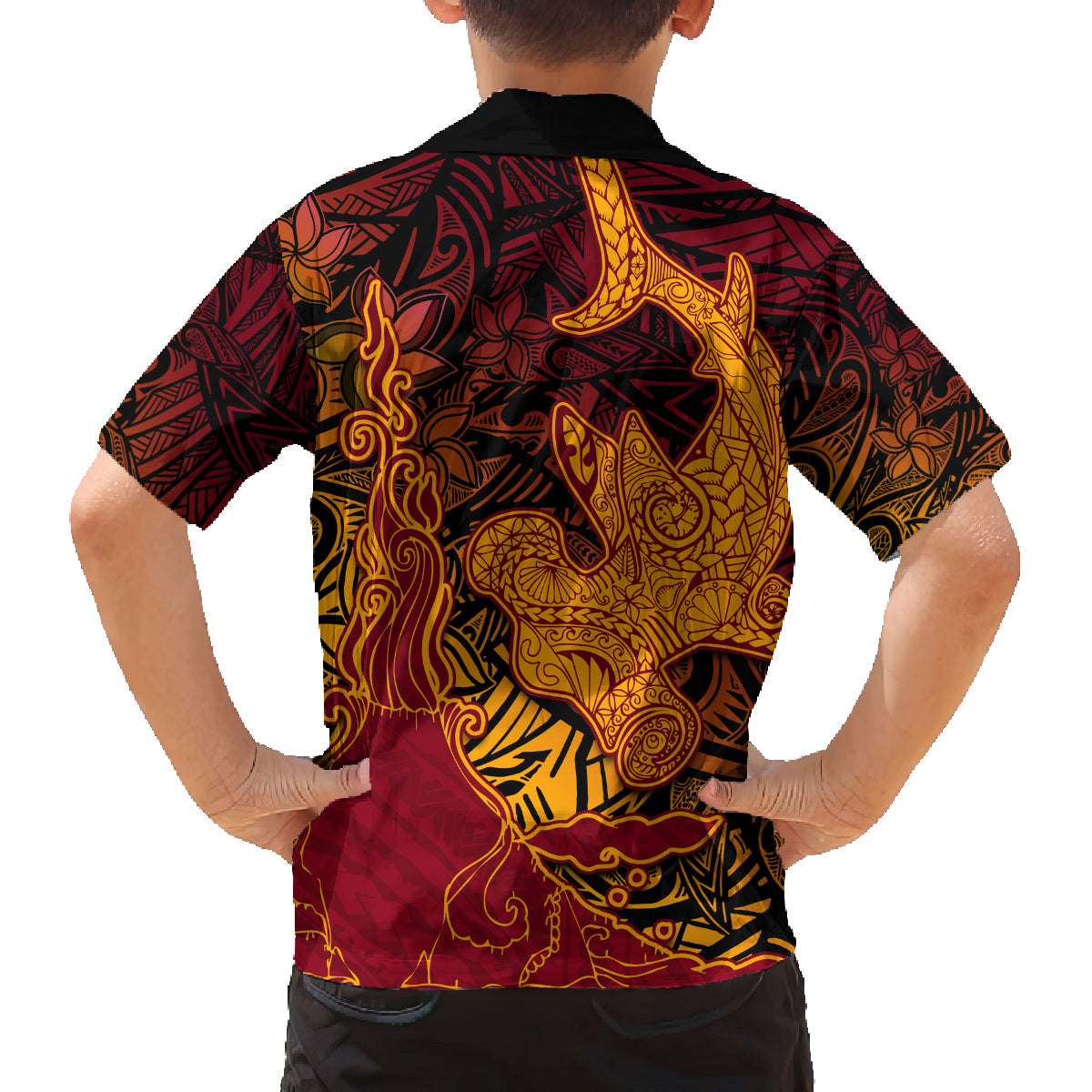 Hawaiian Volcano and Shark Family Matching Off Shoulder Short Dress and Hawaiian Shirt Polynesian and Hibiscus Pattern Lava Color LT03 - Polynesian Pride