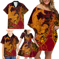 Hawaiian Volcano and Shark Family Matching Off Shoulder Short Dress and Hawaiian Shirt Polynesian and Hibiscus Pattern Lava Color LT03 - Polynesian Pride