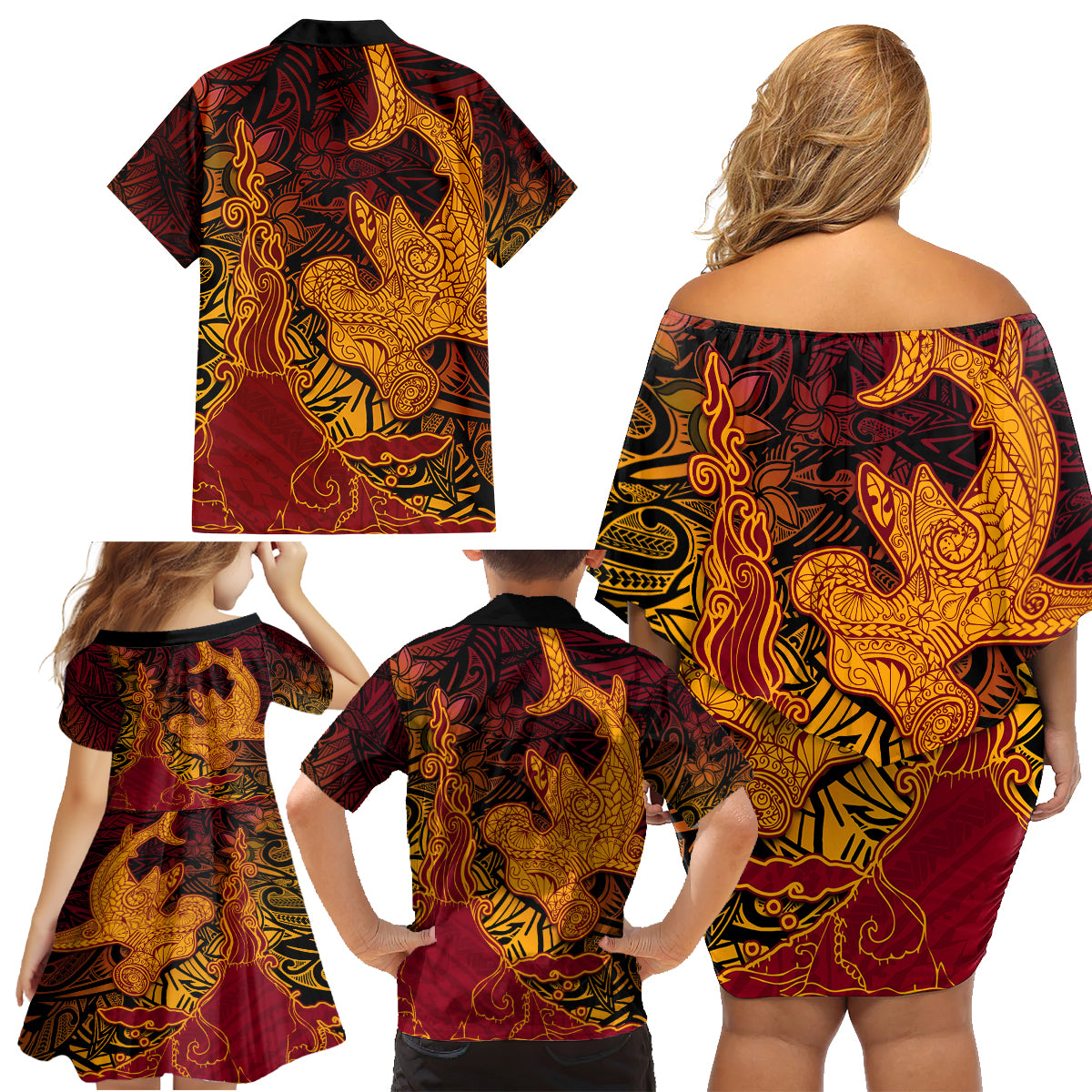 Hawaiian Volcano and Shark Family Matching Off Shoulder Short Dress and Hawaiian Shirt Polynesian and Hibiscus Pattern Lava Color LT03 - Polynesian Pride