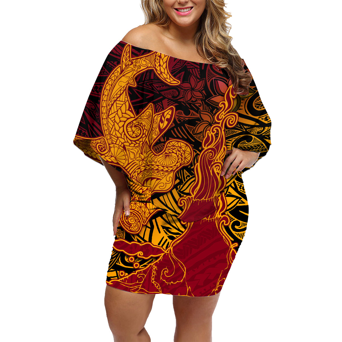 Hawaiian Volcano and Shark Family Matching Off Shoulder Short Dress and Hawaiian Shirt Polynesian and Hibiscus Pattern Lava Color LT03 Mom's Dress Red - Polynesian Pride