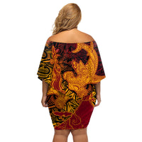 Hawaiian Volcano and Shark Family Matching Off Shoulder Short Dress and Hawaiian Shirt Polynesian and Hibiscus Pattern Lava Color LT03 - Polynesian Pride
