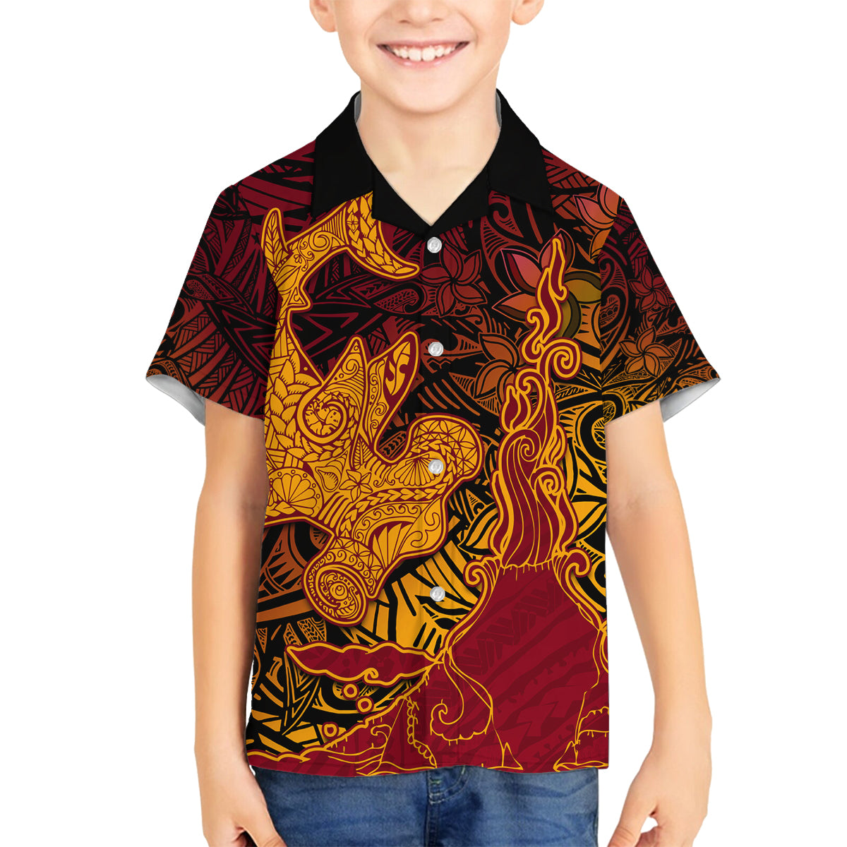 Hawaiian Volcano and Shark Family Matching Off Shoulder Short Dress and Hawaiian Shirt Polynesian and Hibiscus Pattern Lava Color LT03 Son's Shirt Red - Polynesian Pride