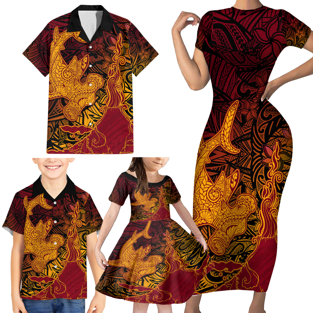 Hawaiian Volcano and Shark Family Matching Short Sleeve Bodycon Dress and Hawaiian Shirt Polynesian and Hibiscus Pattern Lava Color LT03 - Polynesian Pride
