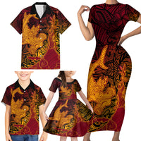 Hawaiian Volcano and Shark Family Matching Short Sleeve Bodycon Dress and Hawaiian Shirt Polynesian and Hibiscus Pattern Lava Color LT03 - Polynesian Pride