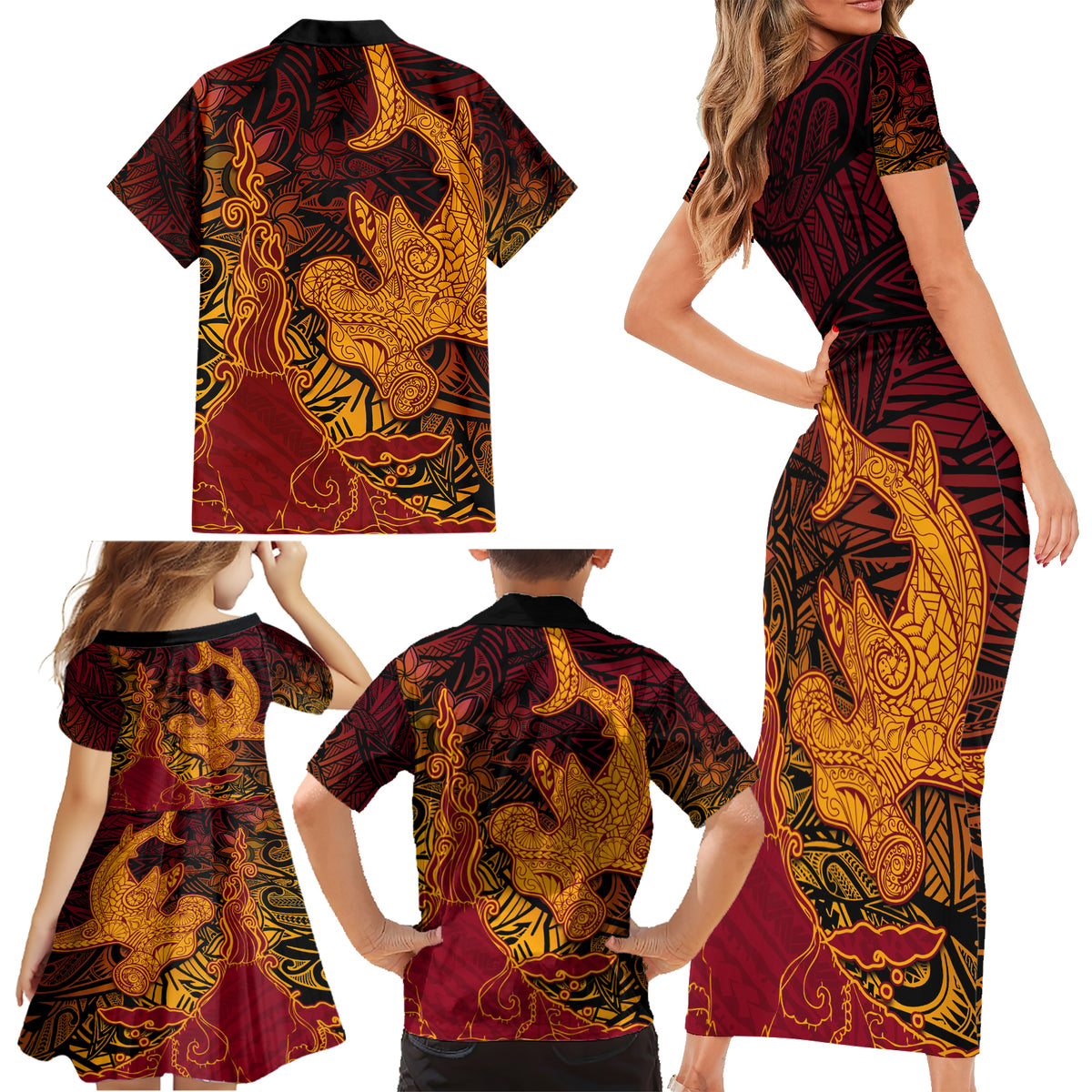 Hawaiian Volcano and Shark Family Matching Short Sleeve Bodycon Dress and Hawaiian Shirt Polynesian and Hibiscus Pattern Lava Color LT03 - Polynesian Pride