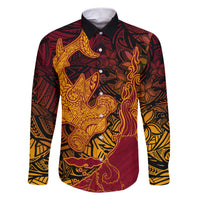 Hawaiian Volcano and Shark Family Matching Short Sleeve Bodycon Dress and Hawaiian Shirt Polynesian and Hibiscus Pattern Lava Color LT03 Dad's Shirt - Long Sleeve Red - Polynesian Pride
