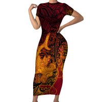 Hawaiian Volcano and Shark Family Matching Short Sleeve Bodycon Dress and Hawaiian Shirt Polynesian and Hibiscus Pattern Lava Color LT03 Mom's Dress Red - Polynesian Pride