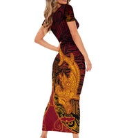 Hawaiian Volcano and Shark Family Matching Short Sleeve Bodycon Dress and Hawaiian Shirt Polynesian and Hibiscus Pattern Lava Color LT03 - Polynesian Pride