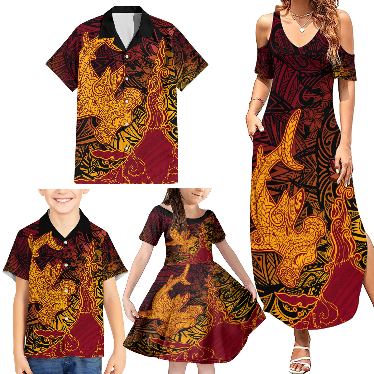 Hawaiian Volcano and Shark Family Matching Summer Maxi Dress and Hawaiian Shirt Polynesian and Hibiscus Pattern Lava Color LT03 - Polynesian Pride