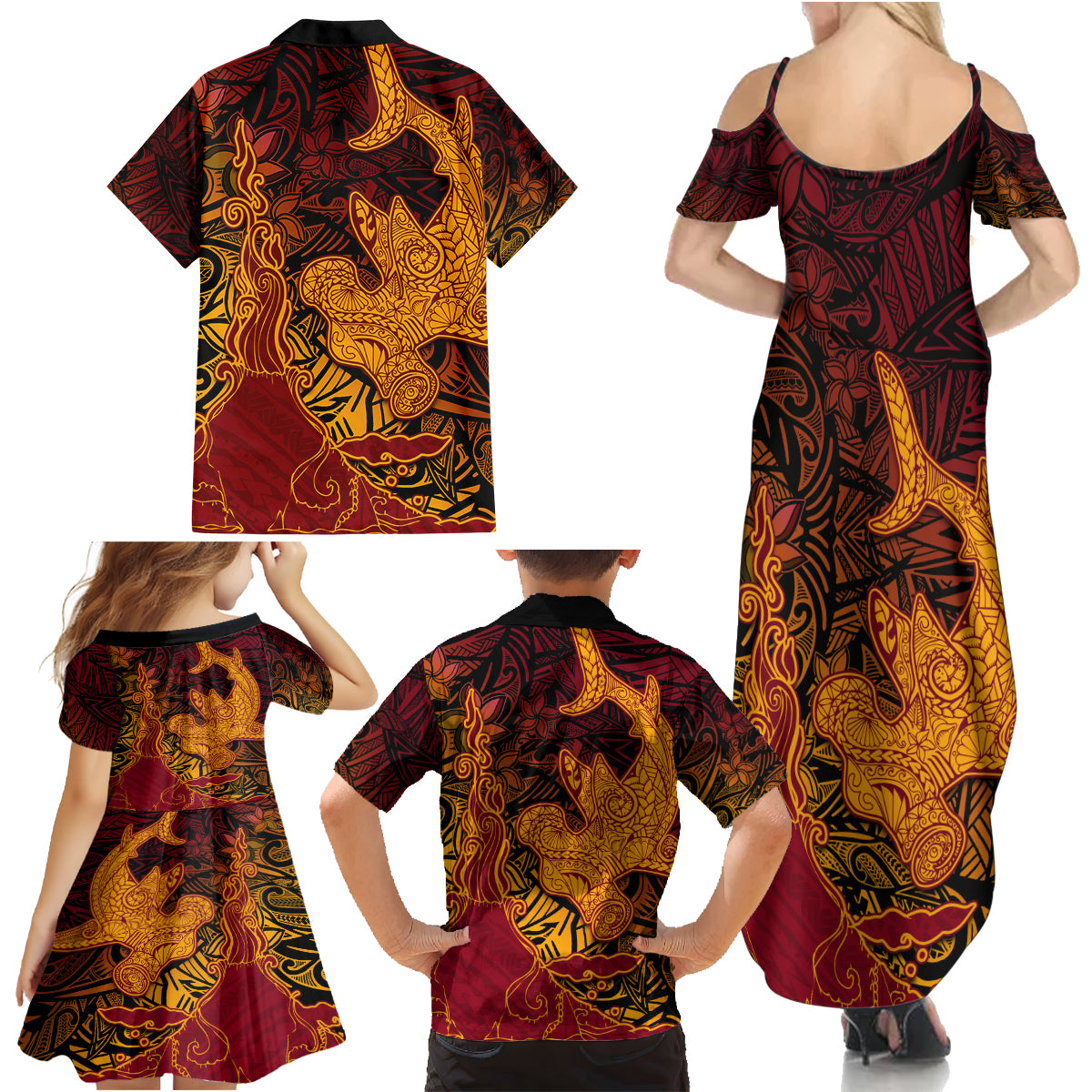 Hawaiian Volcano and Shark Family Matching Summer Maxi Dress and Hawaiian Shirt Polynesian and Hibiscus Pattern Lava Color LT03 - Polynesian Pride