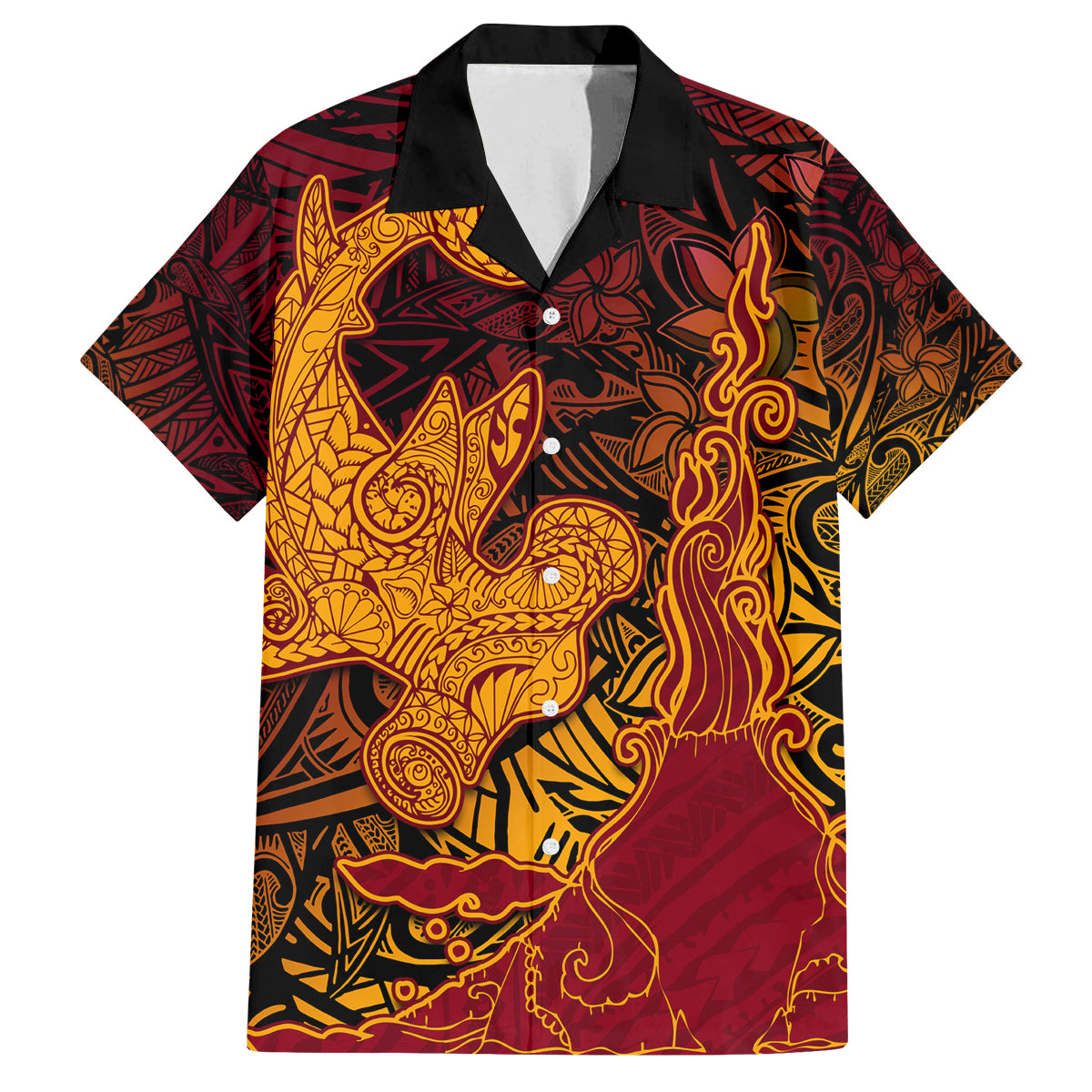 Hawaiian Volcano and Shark Family Matching Summer Maxi Dress and Hawaiian Shirt Polynesian and Hibiscus Pattern Lava Color LT03 Dad's Shirt - Short Sleeve Red - Polynesian Pride
