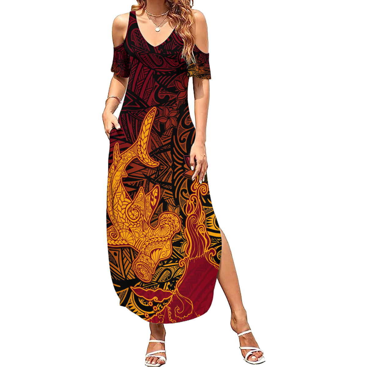 Hawaiian Volcano and Shark Family Matching Summer Maxi Dress and Hawaiian Shirt Polynesian and Hibiscus Pattern Lava Color LT03 Mom's Dress Red - Polynesian Pride