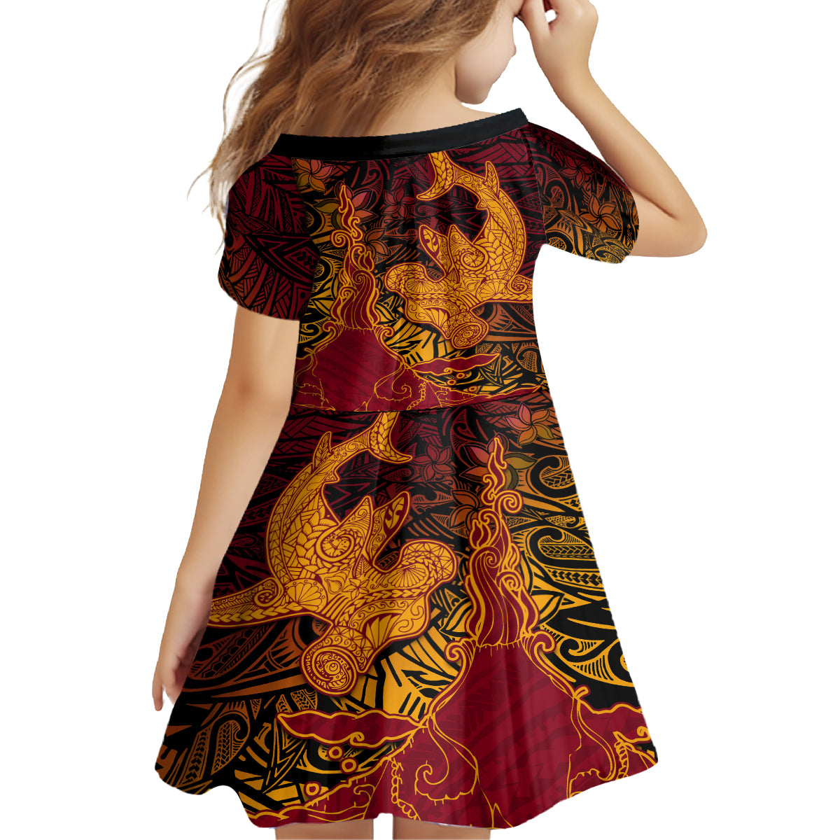 Hawaiian Volcano and Shark Family Matching Tank Maxi Dress and Hawaiian Shirt Polynesian and Hibiscus Pattern Lava Color LT03 - Polynesian Pride