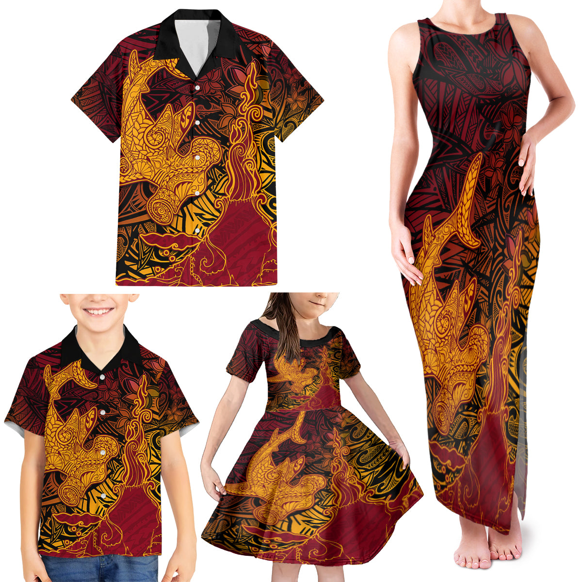 Hawaiian Volcano and Shark Family Matching Tank Maxi Dress and Hawaiian Shirt Polynesian and Hibiscus Pattern Lava Color LT03 - Polynesian Pride