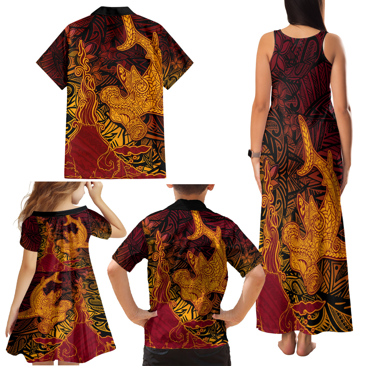 Hawaiian Volcano and Shark Family Matching Tank Maxi Dress and Hawaiian Shirt Polynesian and Hibiscus Pattern Lava Color LT03 - Polynesian Pride