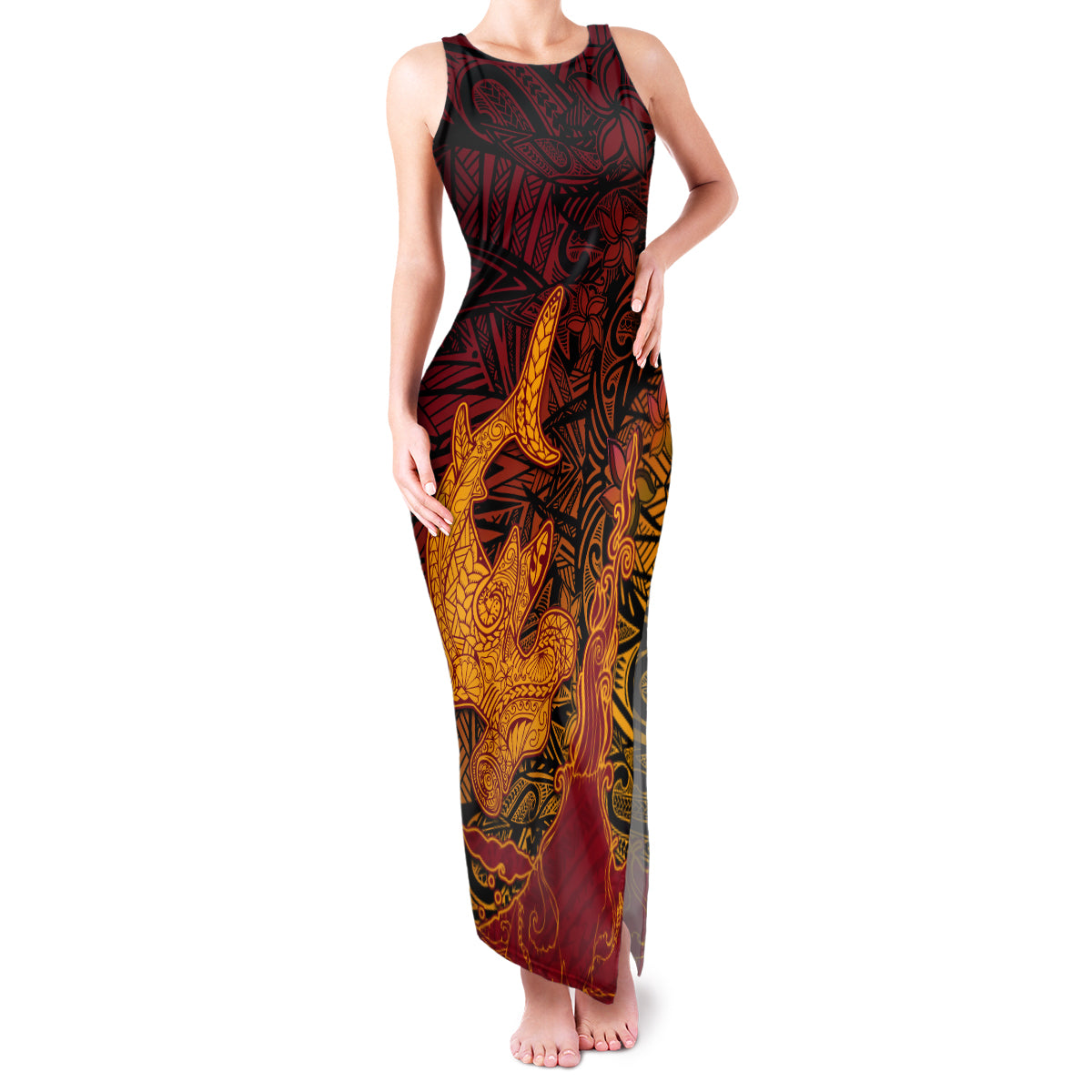 Hawaiian Volcano and Shark Family Matching Tank Maxi Dress and Hawaiian Shirt Polynesian and Hibiscus Pattern Lava Color LT03 Mom's Dress Red - Polynesian Pride