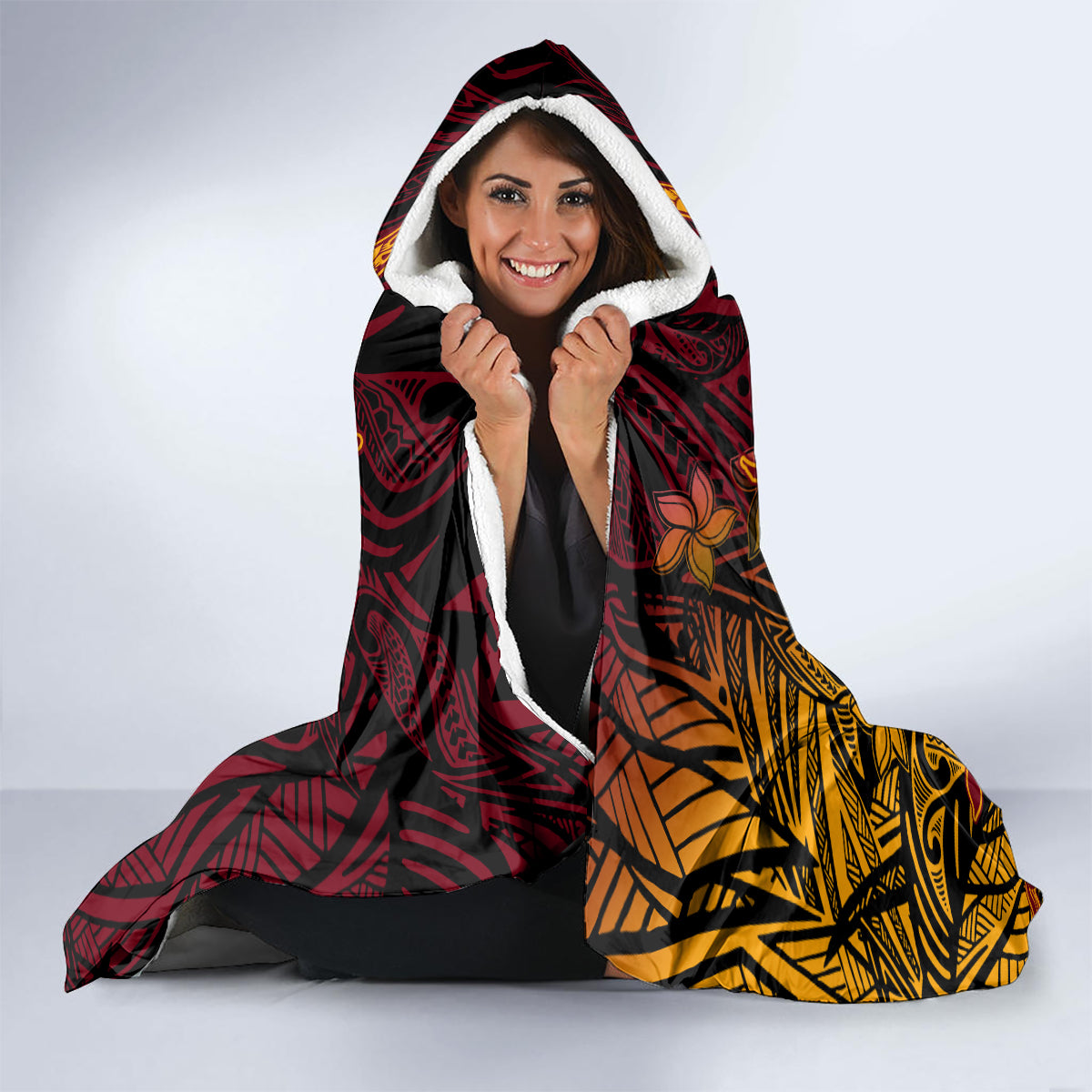 Hawaiian Volcano and Shark Hooded Blanket Polynesian and Hibiscus Pattern Lava Color