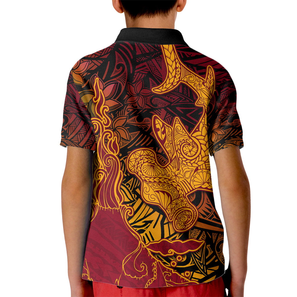 Hawaiian Volcano and Shark Kid Polo Shirt Polynesian and Hibiscus Pattern Lava Color