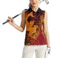 Hawaiian Volcano and Shark Women Sleeveless Polo Shirt Polynesian and Hibiscus Pattern Lava Color