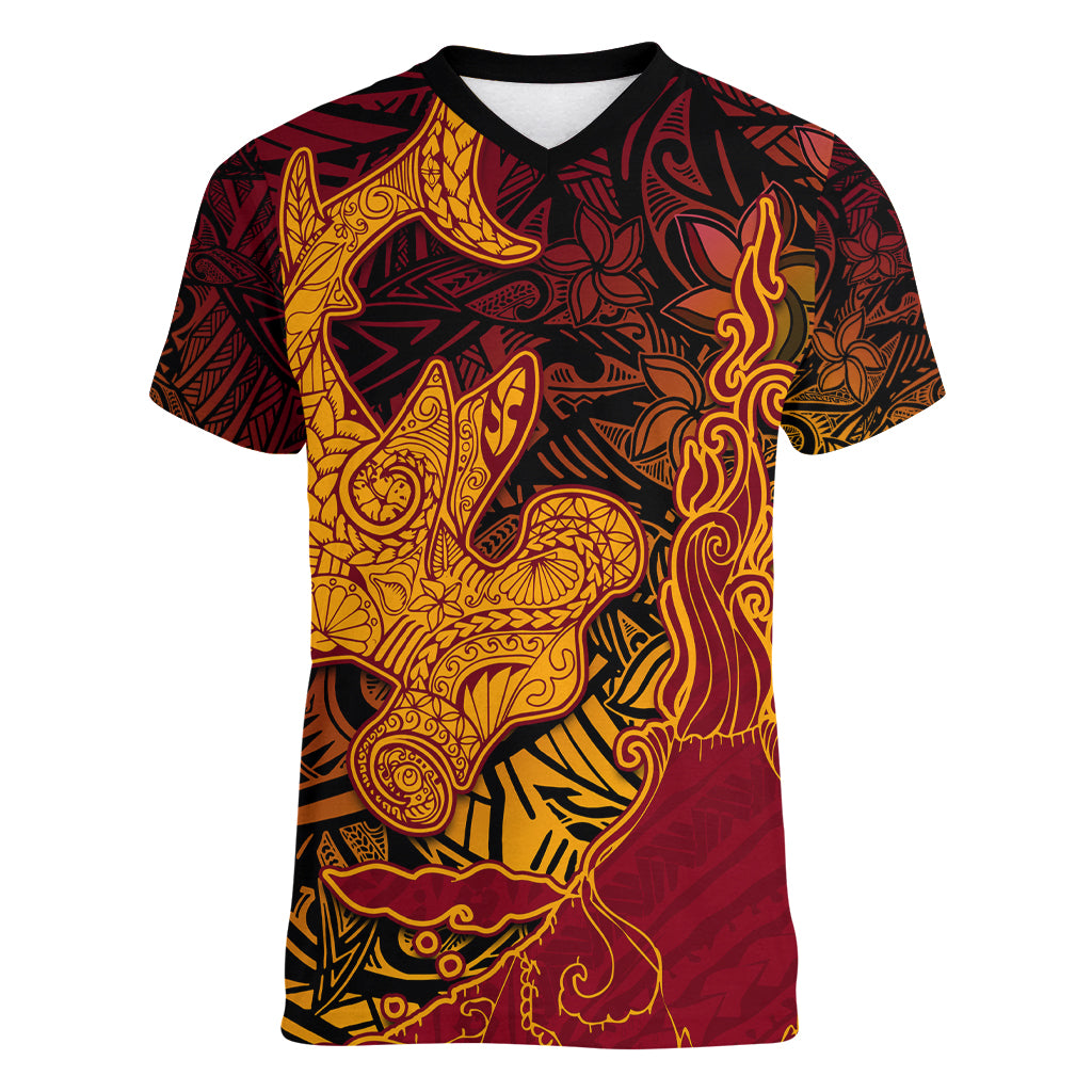 Hawaiian Volcano and Shark Women V-Neck T-Shirt Polynesian and Hibiscus Pattern Lava Color