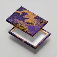 Hawaiian Volcano and Shark Canvas Wall Art Polynesian and Hibiscus Pattern Purple Yellow Gradient