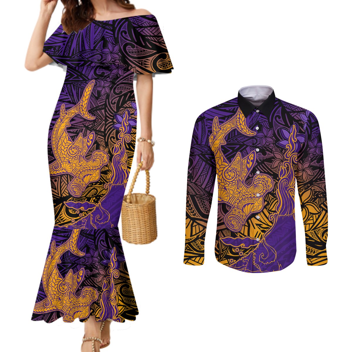 Hawaiian Volcano and Shark Couples Matching Mermaid Dress and Long Sleeve Button Shirt Polynesian and Hibiscus Pattern Purple Yellow Gradient