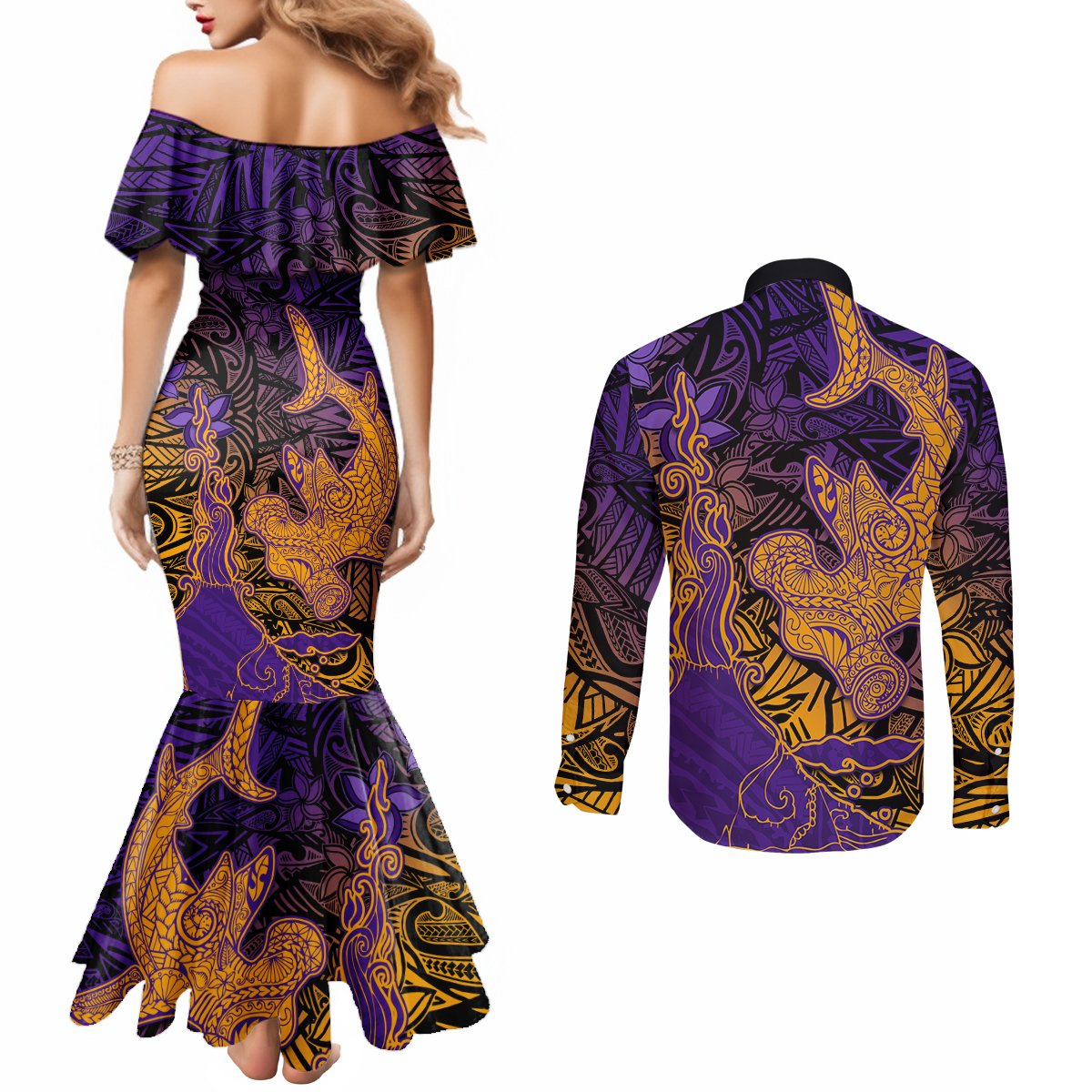 Hawaiian Volcano and Shark Couples Matching Mermaid Dress and Long Sleeve Button Shirt Polynesian and Hibiscus Pattern Purple Yellow Gradient
