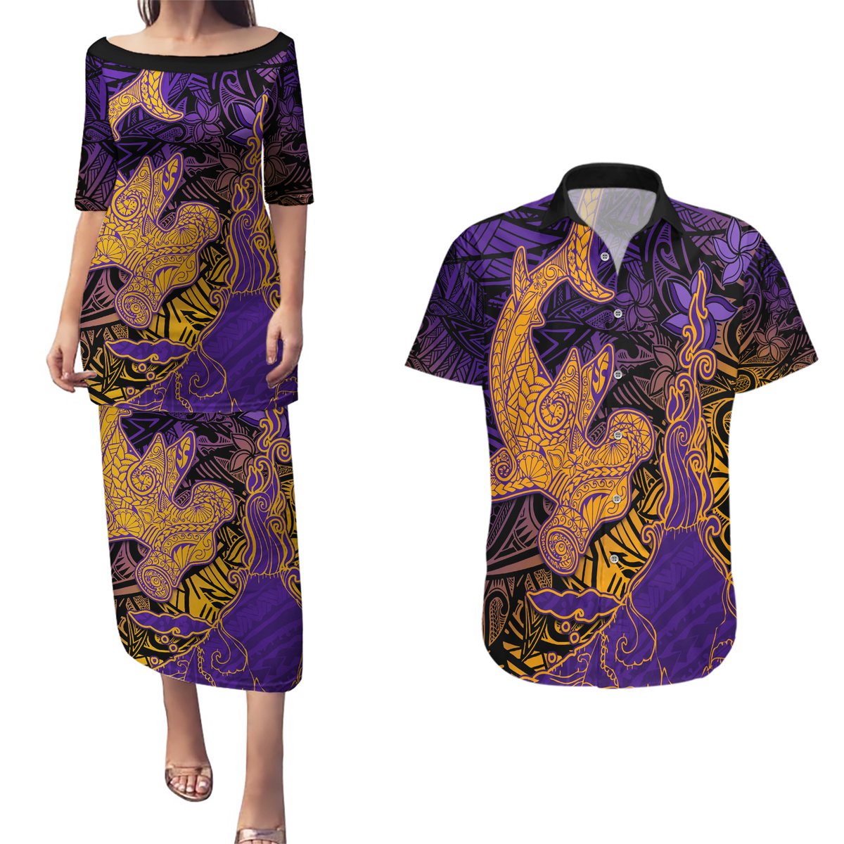 Hawaiian Volcano and Shark Couples Matching Puletasi and Hawaiian Shirt Polynesian and Hibiscus Pattern Purple Yellow Gradient