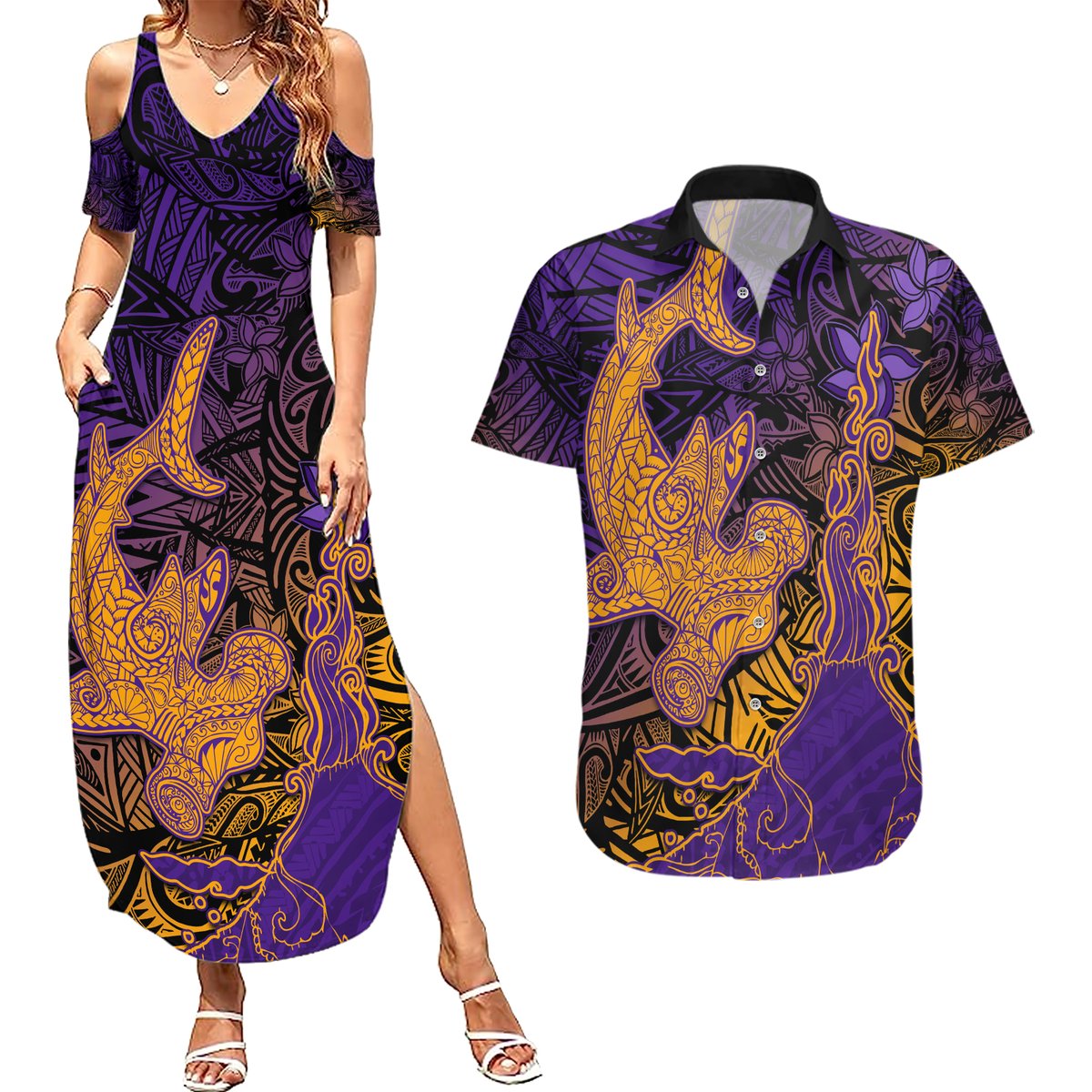 Hawaiian Volcano and Shark Couples Matching Summer Maxi Dress and Hawaiian Shirt Polynesian and Hibiscus Pattern Purple Yellow Gradient