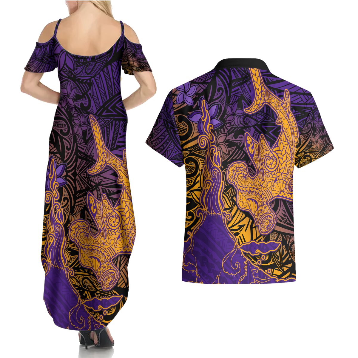 Hawaiian Volcano and Shark Couples Matching Summer Maxi Dress and Hawaiian Shirt Polynesian and Hibiscus Pattern Purple Yellow Gradient