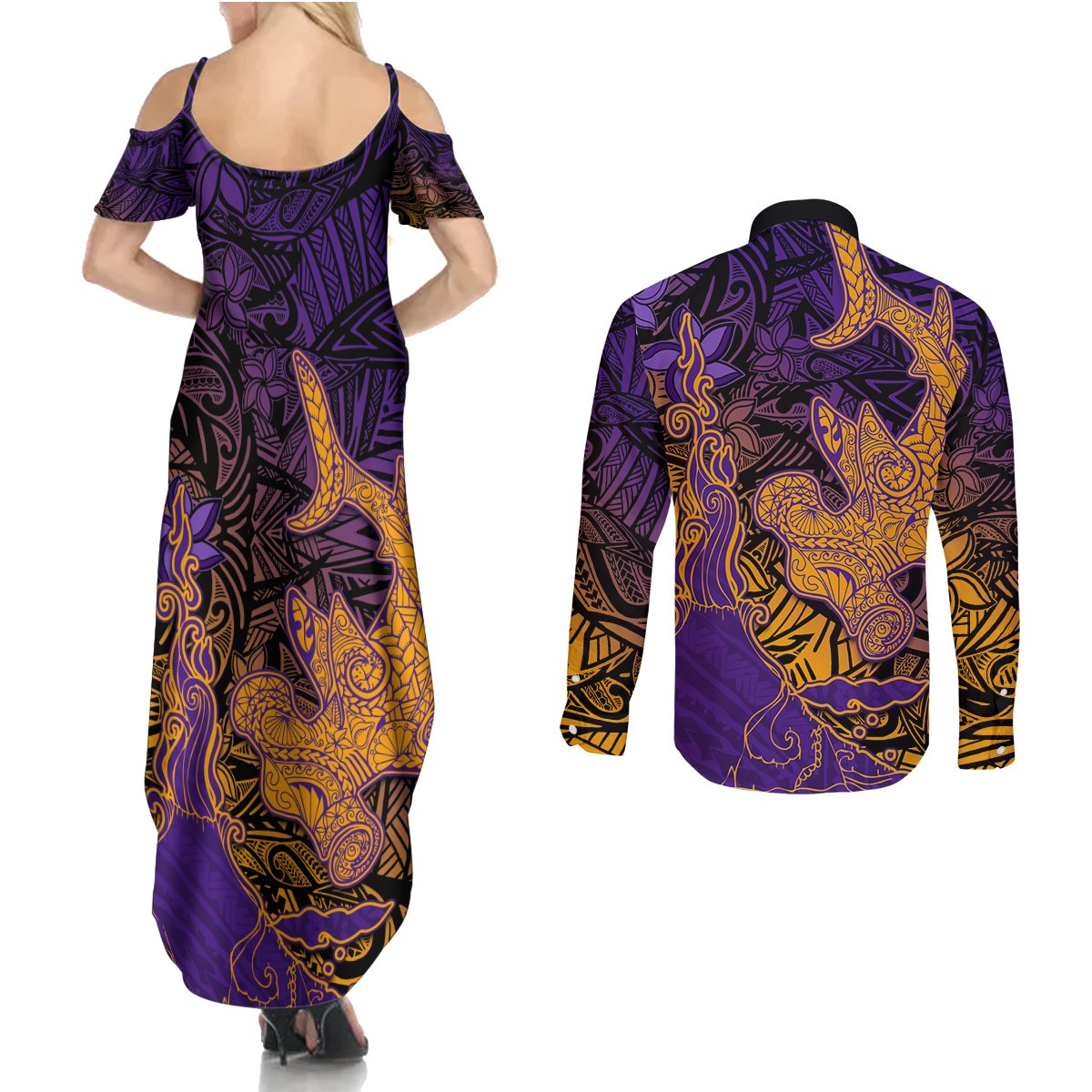 Hawaiian Volcano and Shark Couples Matching Summer Maxi Dress and Long Sleeve Button Shirt Polynesian and Hibiscus Pattern Purple Yellow Gradient