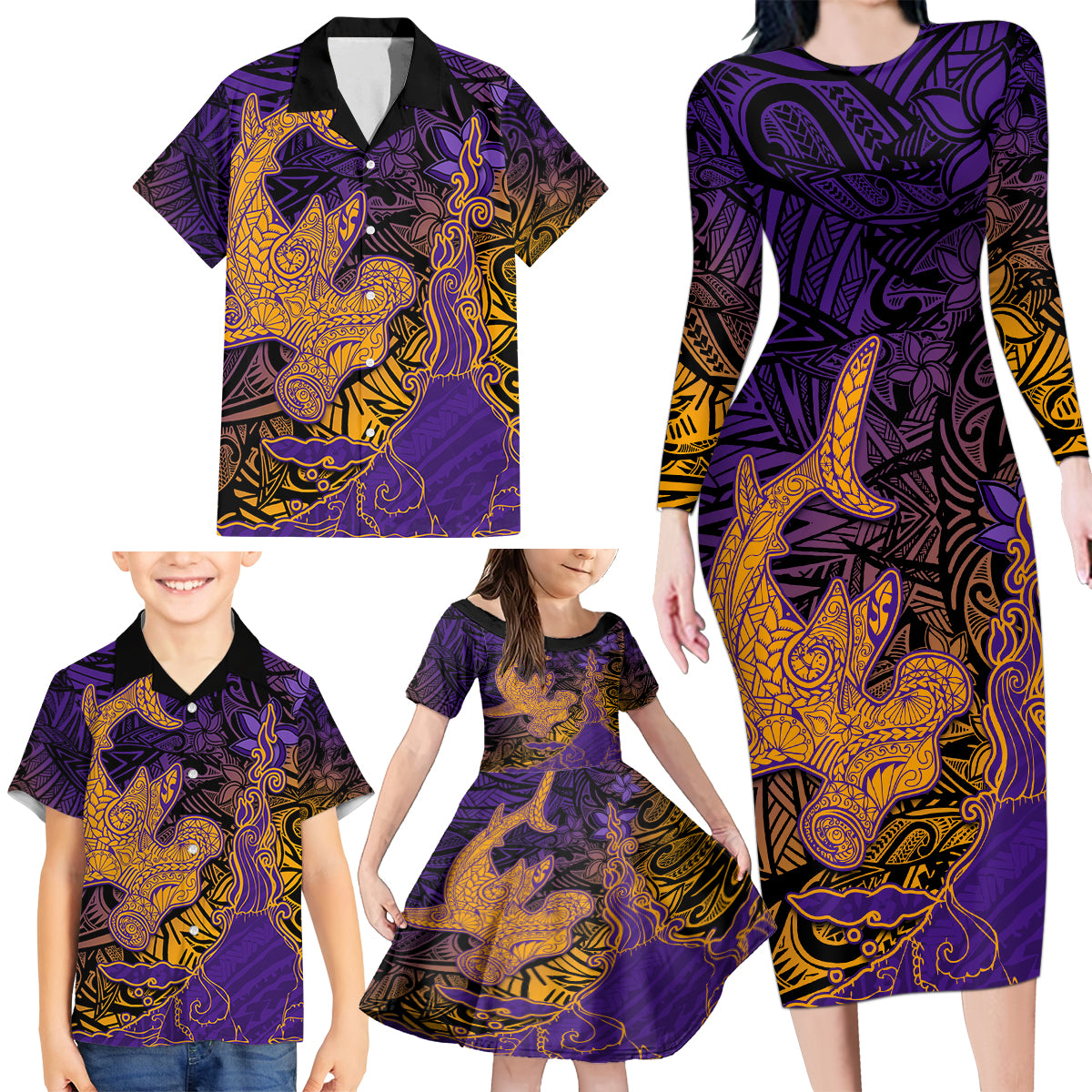 Hawaiian Volcano and Shark Family Matching Long Sleeve Bodycon Dress and Hawaiian Shirt Polynesian and Hibiscus Pattern Purple Yellow Gradient LT03 - Polynesian Pride