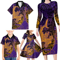 Hawaiian Volcano and Shark Family Matching Long Sleeve Bodycon Dress and Hawaiian Shirt Polynesian and Hibiscus Pattern Purple Yellow Gradient LT03 - Polynesian Pride