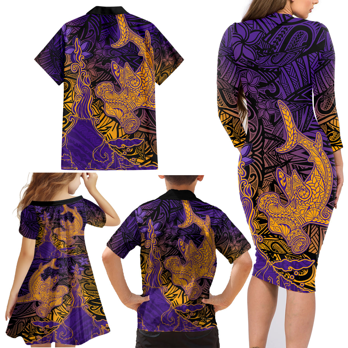 Hawaiian Volcano and Shark Family Matching Long Sleeve Bodycon Dress and Hawaiian Shirt Polynesian and Hibiscus Pattern Purple Yellow Gradient LT03 - Polynesian Pride