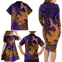 Hawaiian Volcano and Shark Family Matching Long Sleeve Bodycon Dress and Hawaiian Shirt Polynesian and Hibiscus Pattern Purple Yellow Gradient LT03 - Polynesian Pride