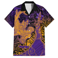 Hawaiian Volcano and Shark Family Matching Long Sleeve Bodycon Dress and Hawaiian Shirt Polynesian and Hibiscus Pattern Purple Yellow Gradient LT03 Dad's Shirt - Short Sleeve Purple - Polynesian Pride