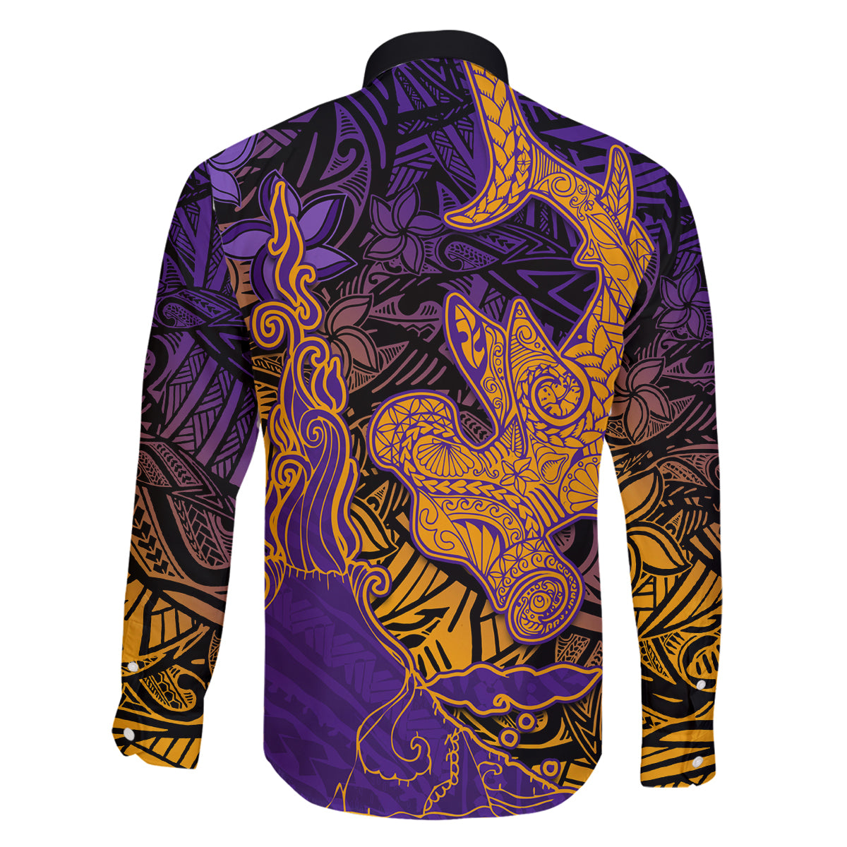 Hawaiian Volcano and Shark Family Matching Long Sleeve Bodycon Dress and Hawaiian Shirt Polynesian and Hibiscus Pattern Purple Yellow Gradient LT03 - Polynesian Pride