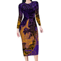 Hawaiian Volcano and Shark Family Matching Long Sleeve Bodycon Dress and Hawaiian Shirt Polynesian and Hibiscus Pattern Purple Yellow Gradient LT03 Mom's Dress Purple - Polynesian Pride