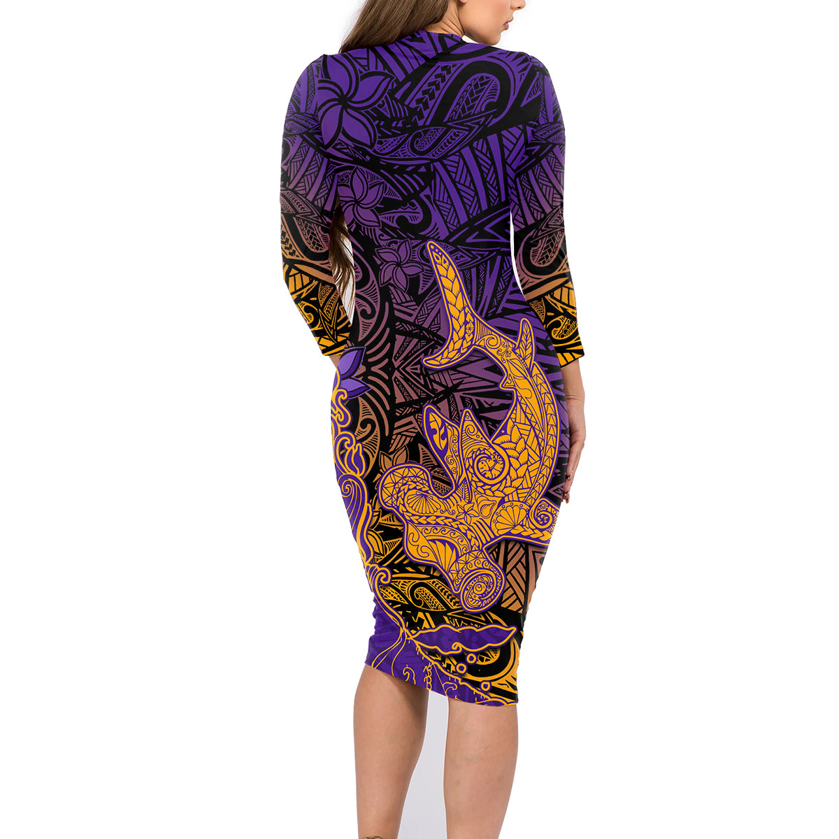 Hawaiian Volcano and Shark Family Matching Long Sleeve Bodycon Dress and Hawaiian Shirt Polynesian and Hibiscus Pattern Purple Yellow Gradient LT03 - Polynesian Pride