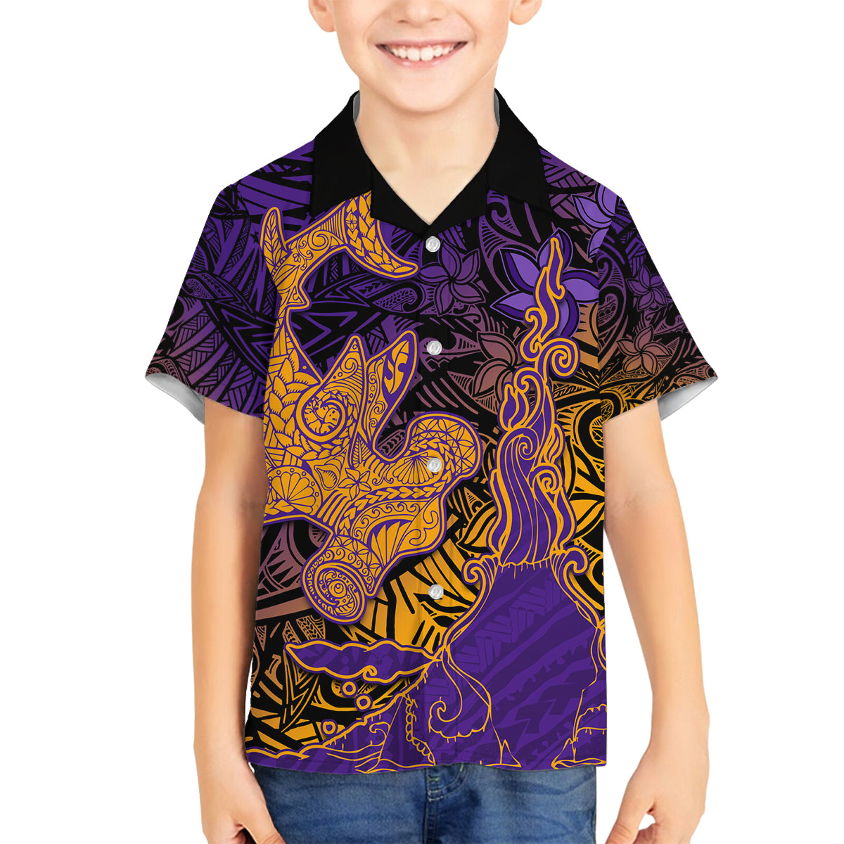 Hawaiian Volcano and Shark Family Matching Long Sleeve Bodycon Dress and Hawaiian Shirt Polynesian and Hibiscus Pattern Purple Yellow Gradient LT03 Son's Shirt Purple - Polynesian Pride