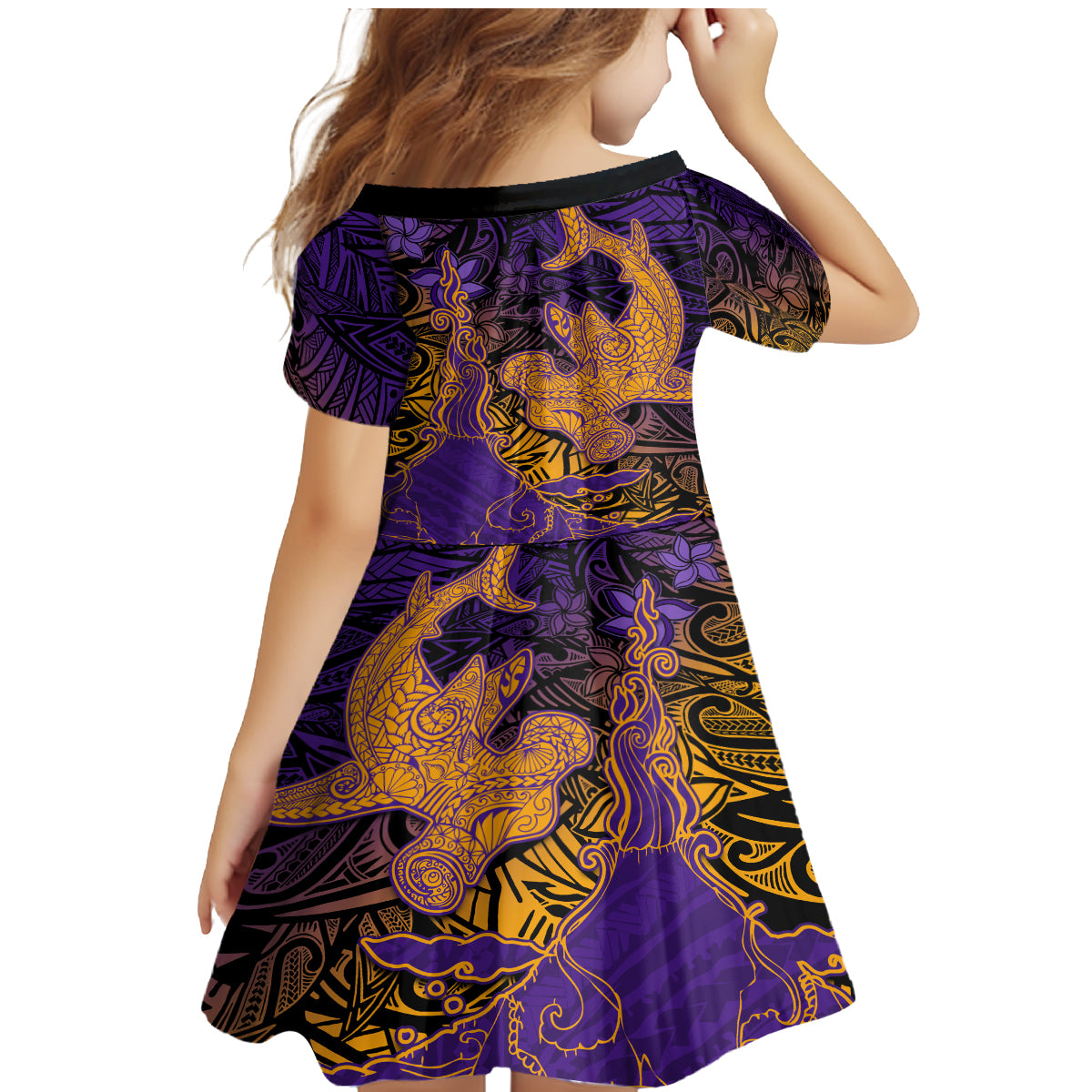 Hawaiian Volcano and Shark Family Matching Mermaid Dress and Hawaiian Shirt Polynesian and Hibiscus Pattern Purple Yellow Gradient LT03 - Polynesian Pride