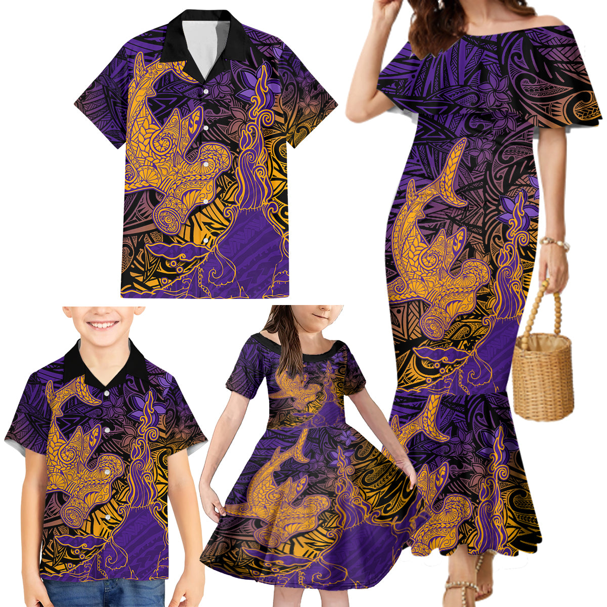 Hawaiian Volcano and Shark Family Matching Mermaid Dress and Hawaiian Shirt Polynesian and Hibiscus Pattern Purple Yellow Gradient LT03 - Polynesian Pride