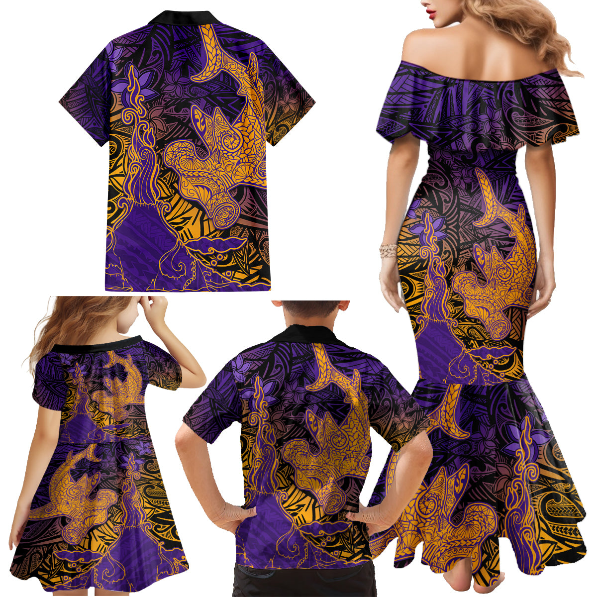 Hawaiian Volcano and Shark Family Matching Mermaid Dress and Hawaiian Shirt Polynesian and Hibiscus Pattern Purple Yellow Gradient LT03 - Polynesian Pride