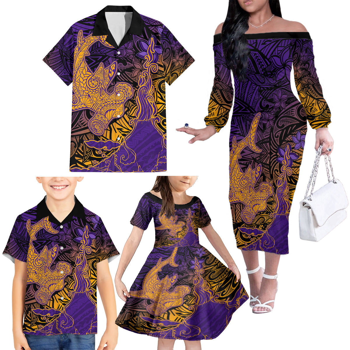 Hawaiian Volcano and Shark Family Matching Off The Shoulder Long Sleeve Dress and Hawaiian Shirt Polynesian and Hibiscus Pattern Purple Yellow Gradient LT03 - Polynesian Pride