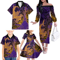 Hawaiian Volcano and Shark Family Matching Off The Shoulder Long Sleeve Dress and Hawaiian Shirt Polynesian and Hibiscus Pattern Purple Yellow Gradient LT03 - Polynesian Pride