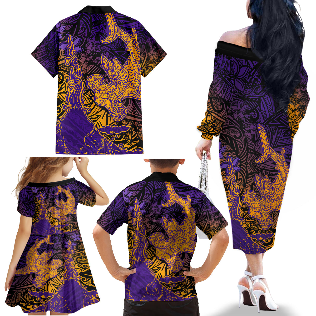 Hawaiian Volcano and Shark Family Matching Off The Shoulder Long Sleeve Dress and Hawaiian Shirt Polynesian and Hibiscus Pattern Purple Yellow Gradient LT03 - Polynesian Pride