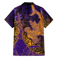 Hawaiian Volcano and Shark Family Matching Off The Shoulder Long Sleeve Dress and Hawaiian Shirt Polynesian and Hibiscus Pattern Purple Yellow Gradient LT03 - Polynesian Pride