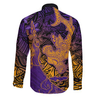 Hawaiian Volcano and Shark Family Matching Off The Shoulder Long Sleeve Dress and Hawaiian Shirt Polynesian and Hibiscus Pattern Purple Yellow Gradient LT03 - Polynesian Pride